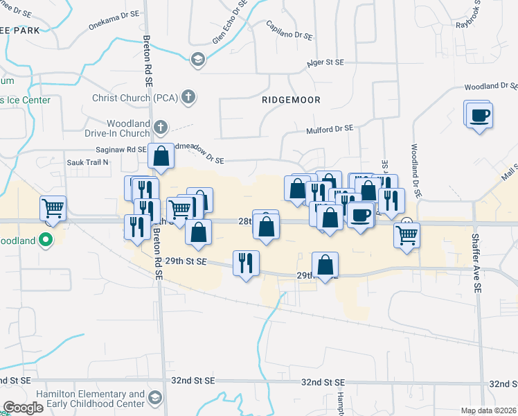 map of restaurants, bars, coffee shops, grocery stores, and more near 2649 28th St SE in Grand Rapids