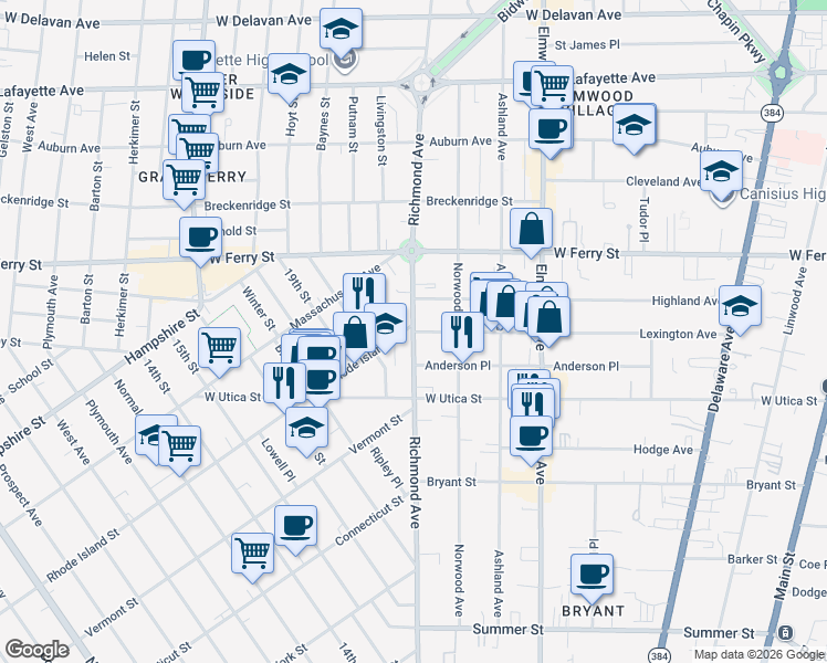 map of restaurants, bars, coffee shops, grocery stores, and more near Richmond Avenue & Lexington Avenue in Buffalo