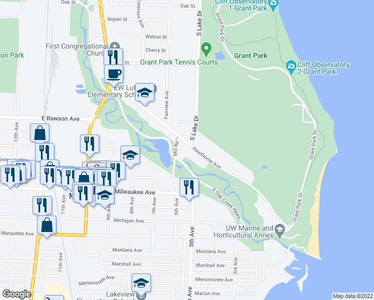 map of restaurants, bars, coffee shops, grocery stores, and more near 507 Hawthorne Avenue in South Milwaukee