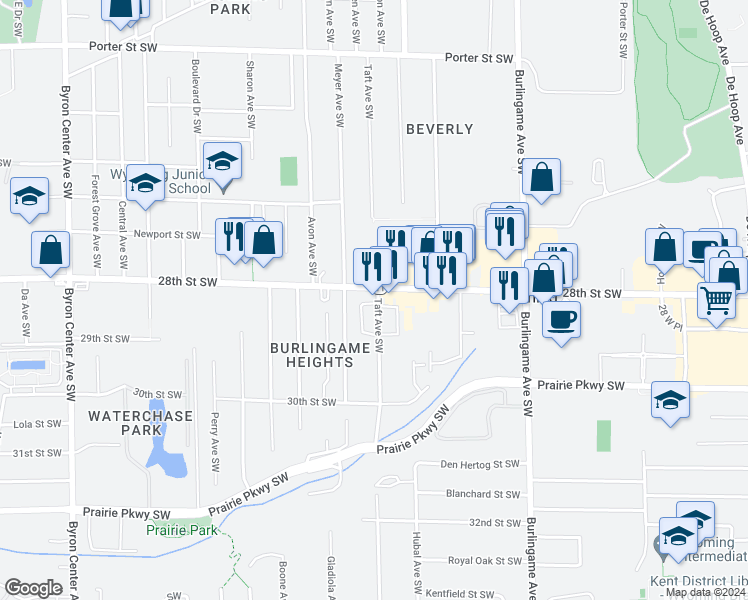 map of restaurants, bars, coffee shops, grocery stores, and more near 1874 28th Street Southwest in Wyoming
