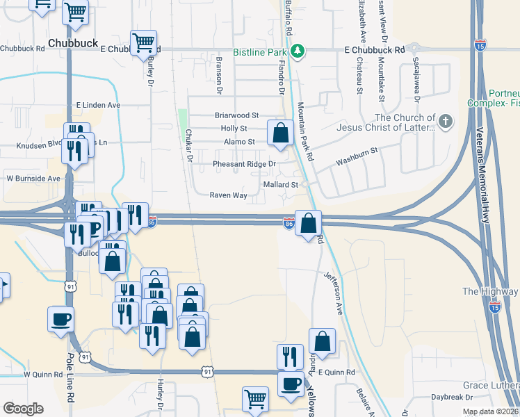 map of restaurants, bars, coffee shops, grocery stores, and more near 555 Raven Way in Chubbuck