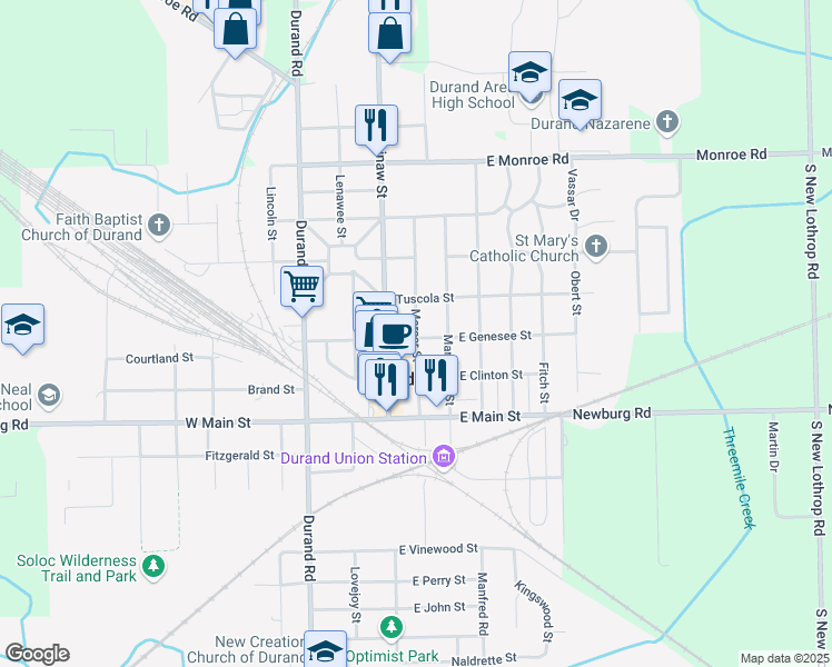 map of restaurants, bars, coffee shops, grocery stores, and more near 312 Mercer Street in Durand