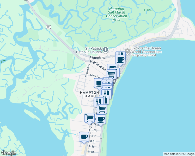 map of restaurants, bars, coffee shops, grocery stores, and more near 24 Island Path in Hampton