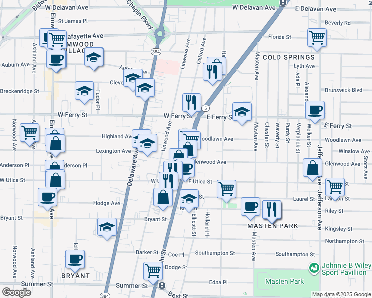 map of restaurants, bars, coffee shops, grocery stores, and more near 1470 Main Street in Buffalo