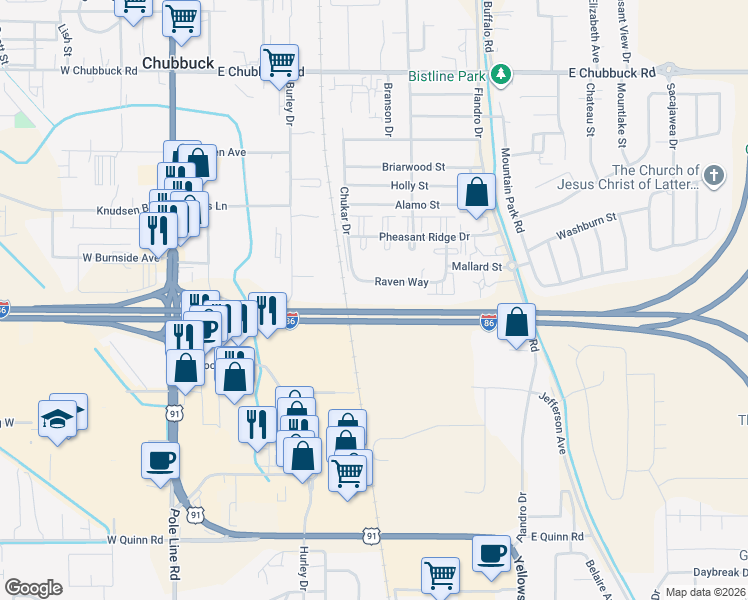 map of restaurants, bars, coffee shops, grocery stores, and more near 445 Raven Way in Chubbuck