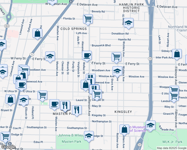 map of restaurants, bars, coffee shops, grocery stores, and more near 1399 Jefferson Avenue in Buffalo