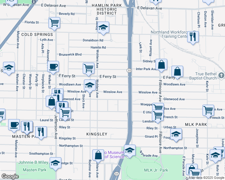 map of restaurants, bars, coffee shops, grocery stores, and more near 507 Woodlawn Avenue in Buffalo