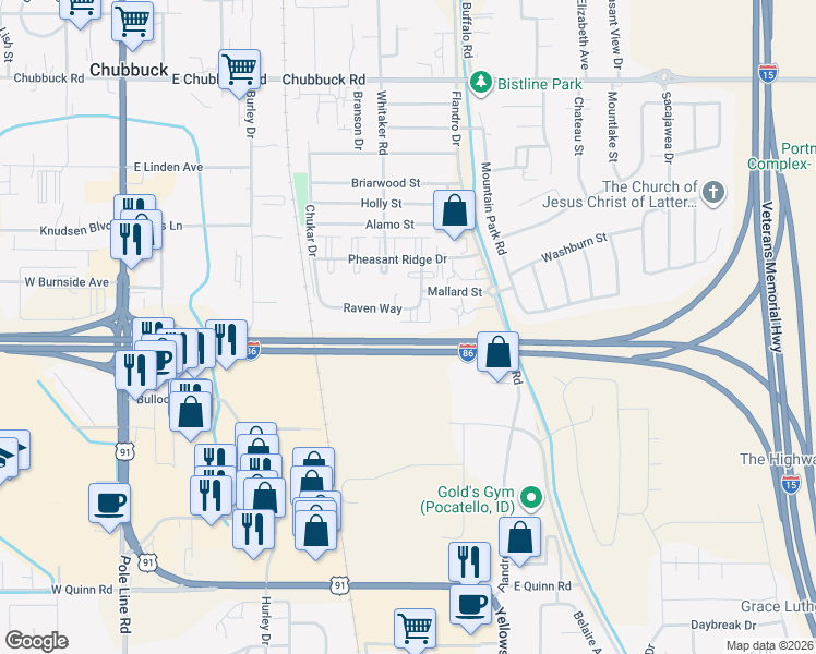 map of restaurants, bars, coffee shops, grocery stores, and more near 555 Raven Way in Chubbuck