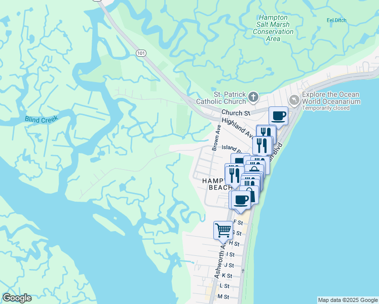 map of restaurants, bars, coffee shops, grocery stores, and more near 84 Island Path in Hampton