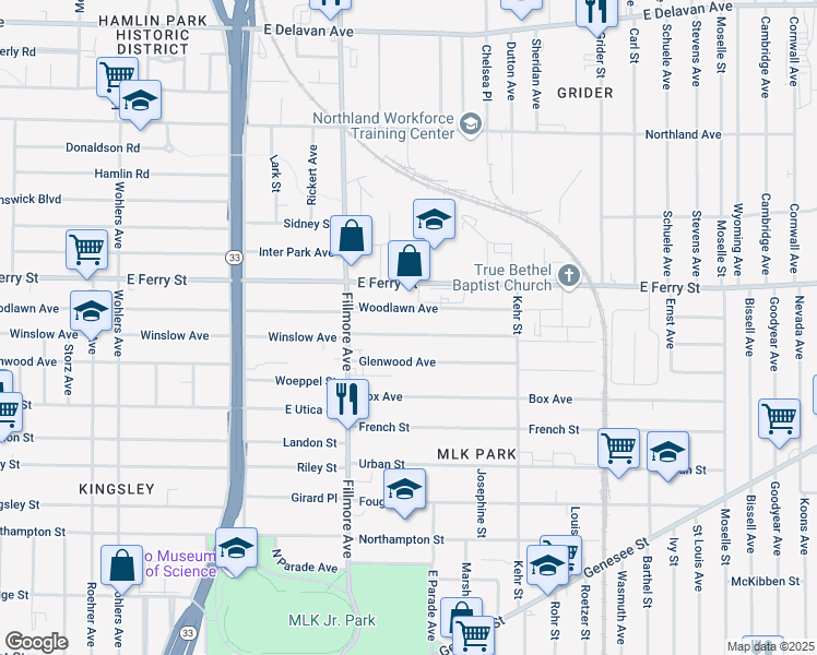 map of restaurants, bars, coffee shops, grocery stores, and more near 424 Winslow Avenue in Buffalo