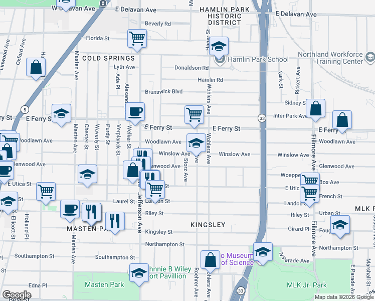 map of restaurants, bars, coffee shops, grocery stores, and more near 387 Woodlawn Avenue in Buffalo