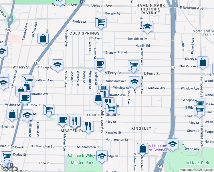 map of restaurants, bars, coffee shops, grocery stores, and more near 1399 Jefferson Avenue in Buffalo