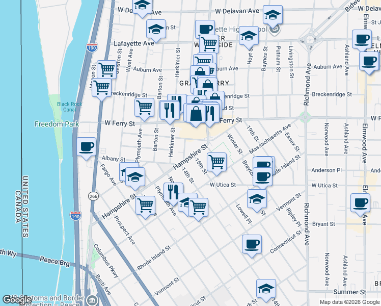 map of restaurants, bars, coffee shops, grocery stores, and more near 24 Sherwood Street in Buffalo