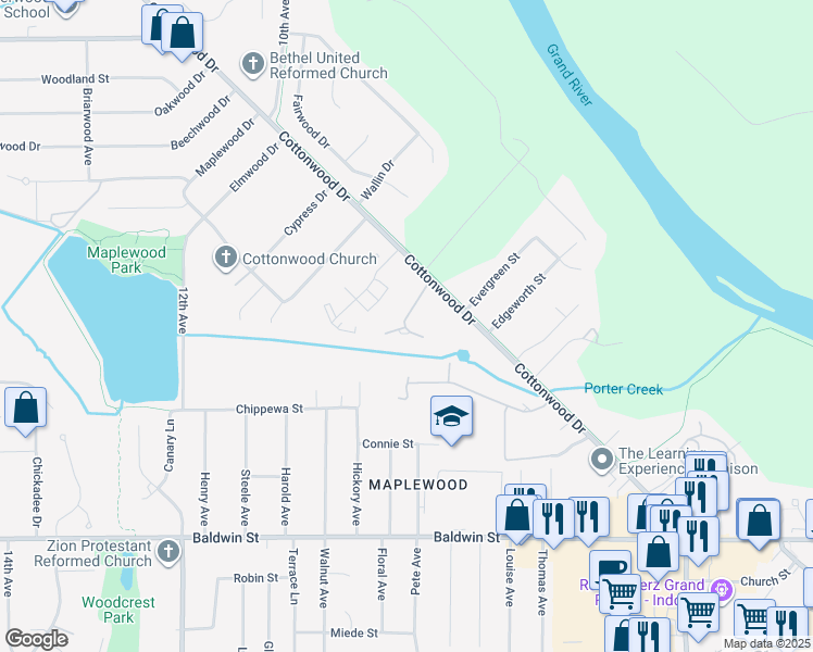 map of restaurants, bars, coffee shops, grocery stores, and more near 8001 Cottonwood Drive in Georgetown Township