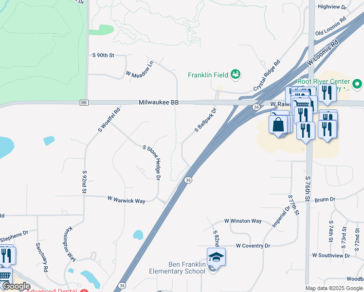 map of restaurants, bars, coffee shops, grocery stores, and more near 8316 West Old Loomis Road in Franklin