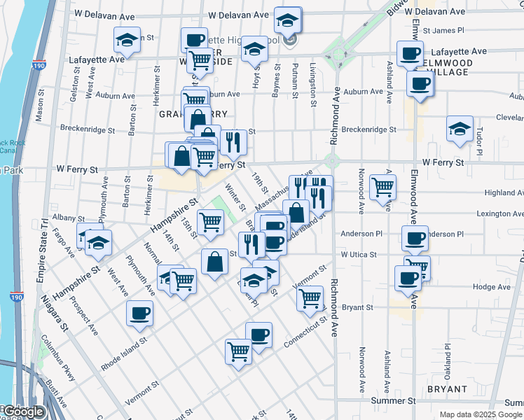 map of restaurants, bars, coffee shops, grocery stores, and more near 429 Massachusetts Avenue in Buffalo