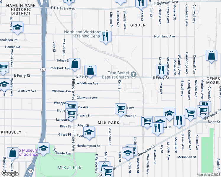 map of restaurants, bars, coffee shops, grocery stores, and more near 831 Woodlawn Avenue in Buffalo