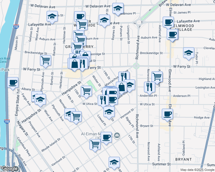 map of restaurants, bars, coffee shops, grocery stores, and more near 429 Massachusetts Avenue in Buffalo