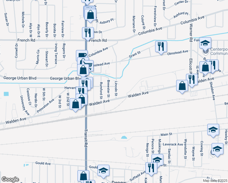 map of restaurants, bars, coffee shops, grocery stores, and more near 28 Lincoln Street in Depew