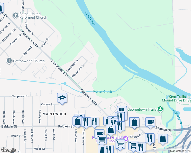 map of restaurants, bars, coffee shops, grocery stores, and more near 7884 Cottonwood Drive in Georgetown Township