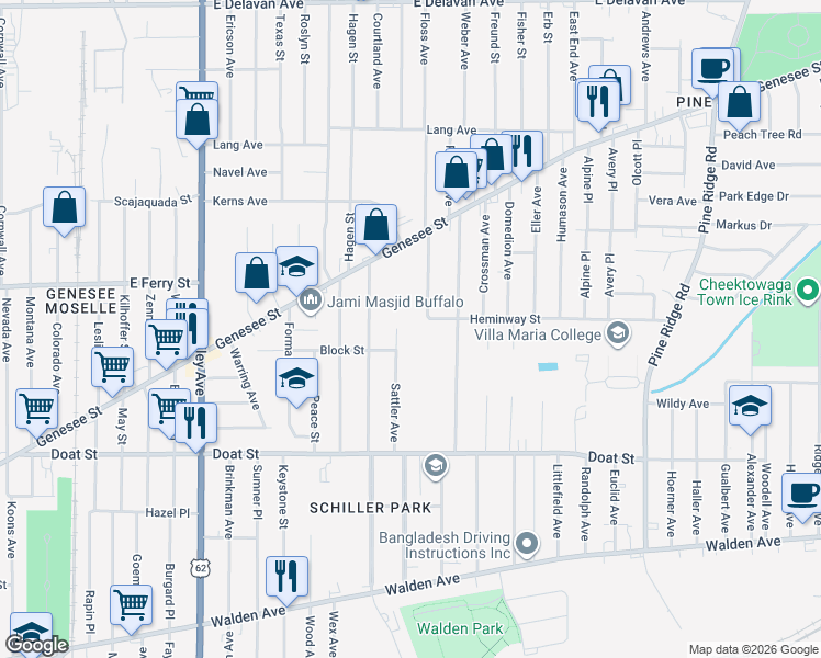 map of restaurants, bars, coffee shops, grocery stores, and more near 105 Sattler Avenue in Buffalo