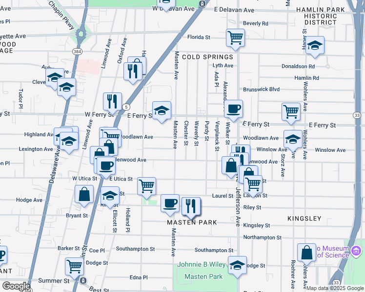 map of restaurants, bars, coffee shops, grocery stores, and more near 30 Chester Street in Buffalo