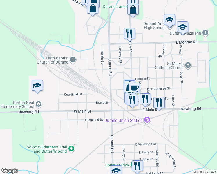 map of restaurants, bars, coffee shops, grocery stores, and more near 211 North Oak Street in Durand