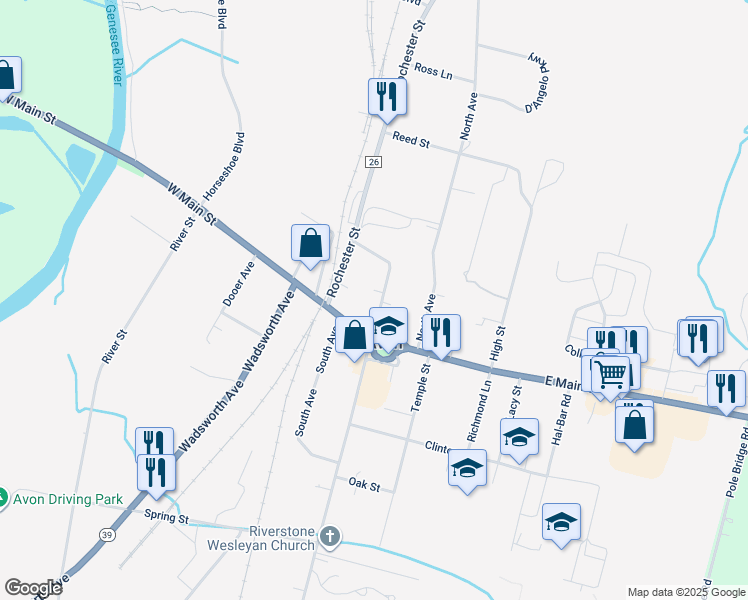 map of restaurants, bars, coffee shops, grocery stores, and more near 77 Cemetery Street in Avon
