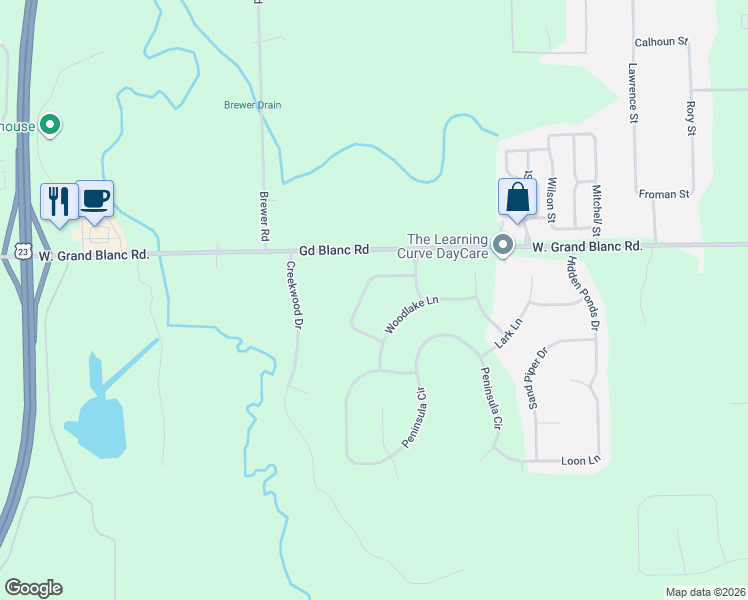 map of restaurants, bars, coffee shops, grocery stores, and more near 1478 Woodlake Lane in Grand Blanc