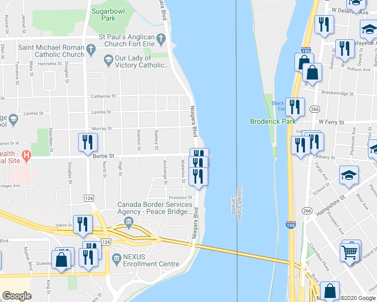 map of restaurants, bars, coffee shops, grocery stores, and more near 15 Bertie Street in Fort Erie