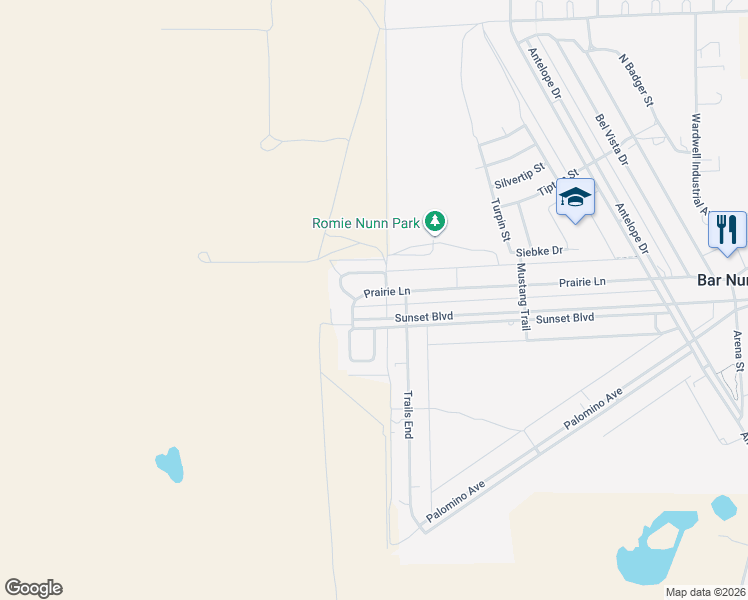 map of restaurants, bars, coffee shops, grocery stores, and more near 2831 Prairie Lane in Bar Nunn