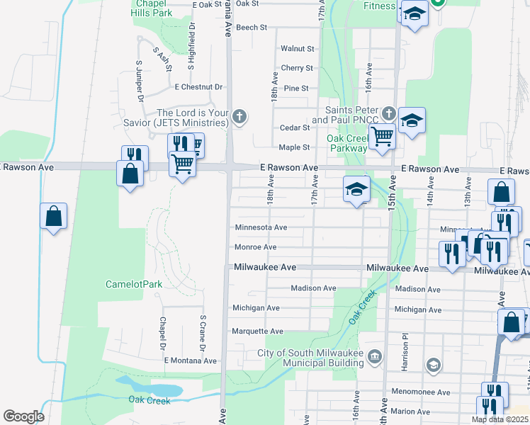 map of restaurants, bars, coffee shops, grocery stores, and more near 1801 Manitoba Avenue in South Milwaukee