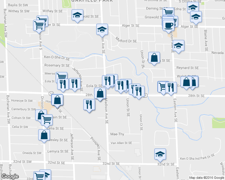 map of restaurants, bars, coffee shops, grocery stores, and more near 415 28th Street Southeast in Grand Rapids