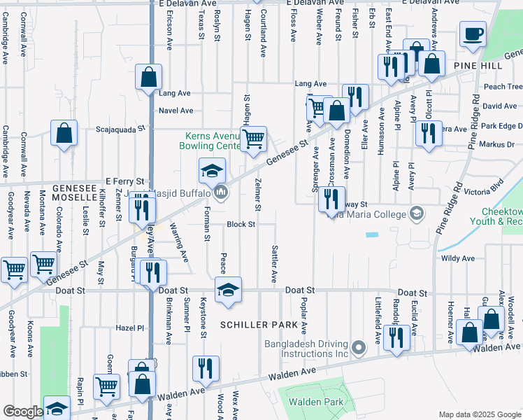 map of restaurants, bars, coffee shops, grocery stores, and more near 125 Zelmer Street in Buffalo