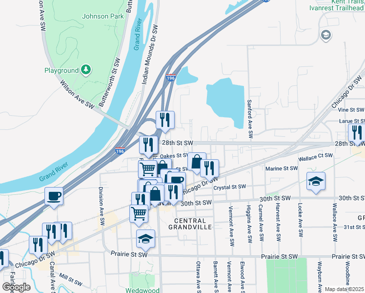map of restaurants, bars, coffee shops, grocery stores, and more near 3900 28th Street Southwest in Grandville