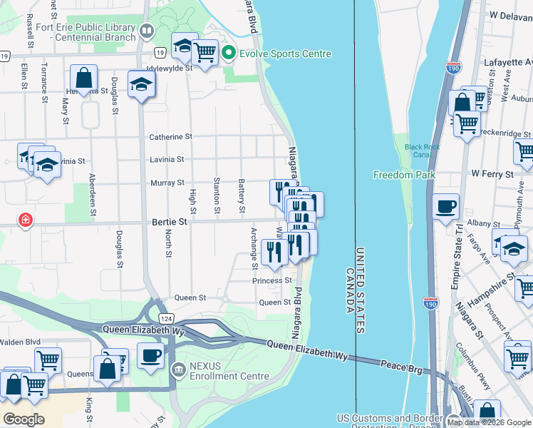 map of restaurants, bars, coffee shops, grocery stores, and more near 35 Bertie Street in Fort Erie