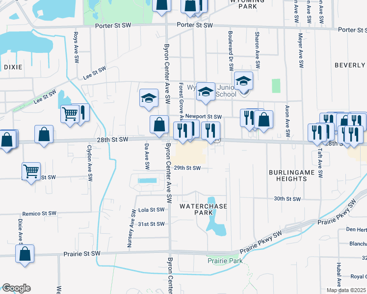 map of restaurants, bars, coffee shops, grocery stores, and more near 2340 28th Street Southwest in Wyoming