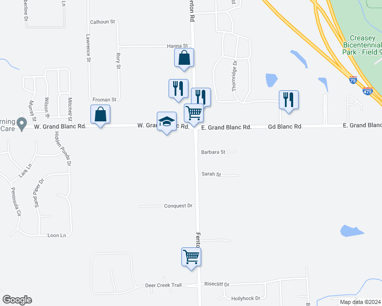 map of restaurants, bars, coffee shops, grocery stores, and more near 8064 Fenton Road in Grand Blanc