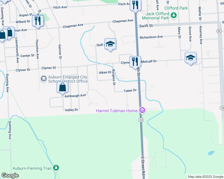 map of restaurants, bars, coffee shops, grocery stores, and more near 25 Burgess Street in Auburn