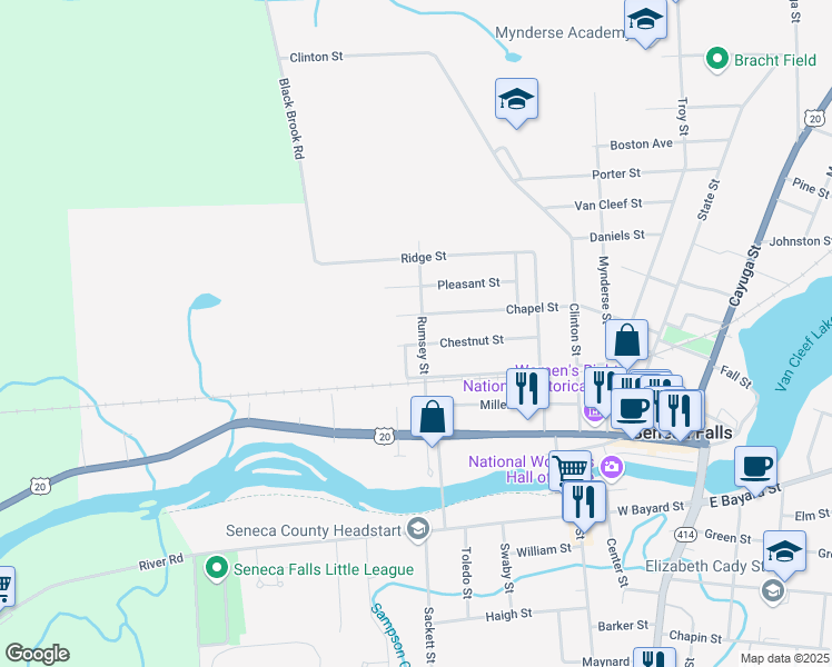 map of restaurants, bars, coffee shops, grocery stores, and more near 42 Chestnut Street in Seneca Falls