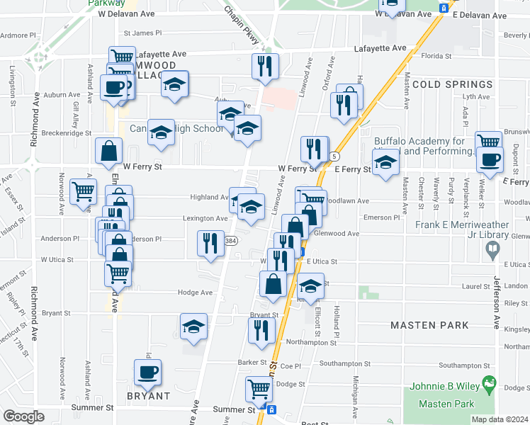 map of restaurants, bars, coffee shops, grocery stores, and more near 392 Linwood Avenue in Buffalo