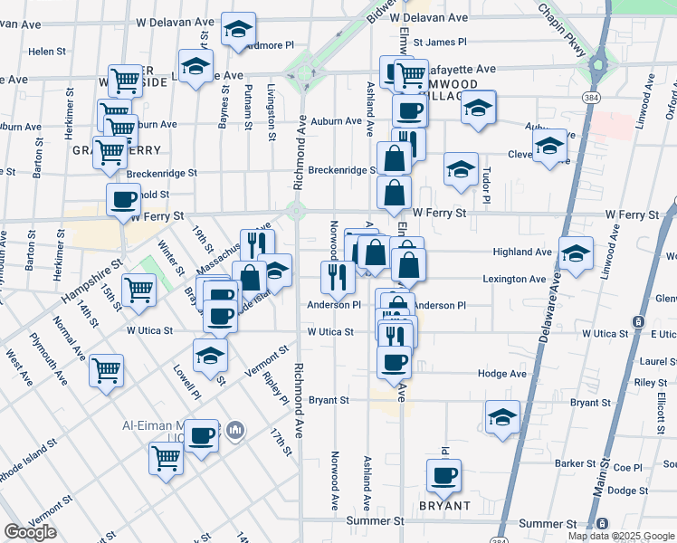 map of restaurants, bars, coffee shops, grocery stores, and more near 318 Norwood Avenue in Buffalo
