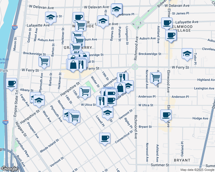 map of restaurants, bars, coffee shops, grocery stores, and more near 429 Massachusetts Avenue in Buffalo