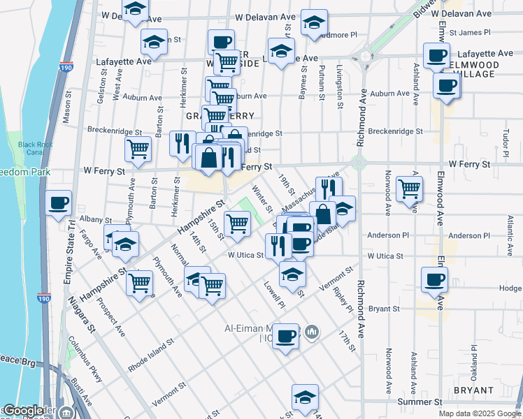 map of restaurants, bars, coffee shops, grocery stores, and more near 18 Winter Street in Buffalo