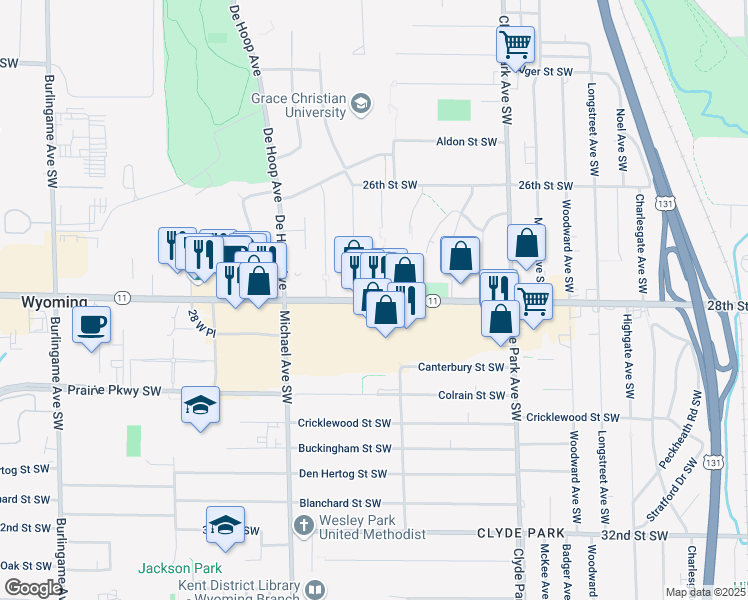 map of restaurants, bars, coffee shops, grocery stores, and more near 1031 28th Street Southwest in Wyoming