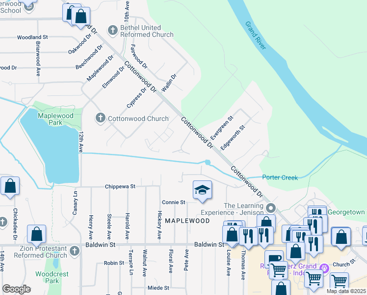 map of restaurants, bars, coffee shops, grocery stores, and more near 8001 Cottonwood Drive in Georgetown Township