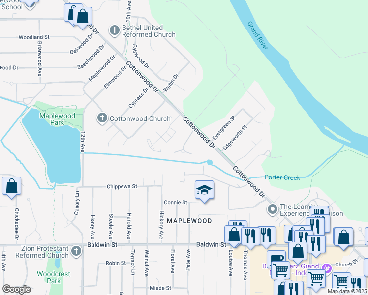 map of restaurants, bars, coffee shops, grocery stores, and more near 8001 Cottonwood Drive in Georgetown Township