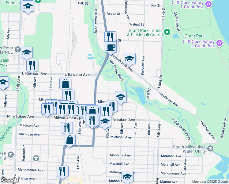 map of restaurants, bars, coffee shops, grocery stores, and more near 820 Manitoba Avenue in South Milwaukee