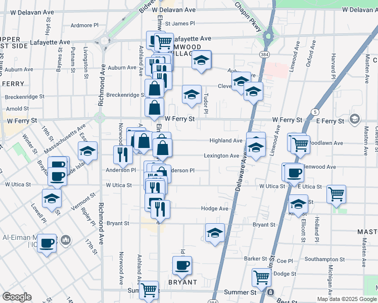 map of restaurants, bars, coffee shops, grocery stores, and more near 117 Lexington Avenue in Buffalo