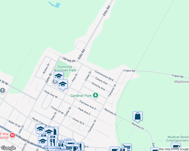 map of restaurants, bars, coffee shops, grocery stores, and more near 117 Cleary Avenue in Haldimand County